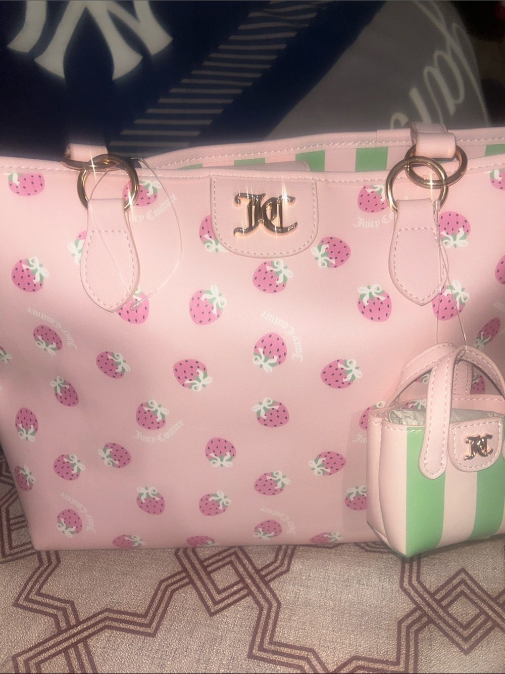 Juicy Couture Pink Strawberry Print Tote with Green-Striped Pouch